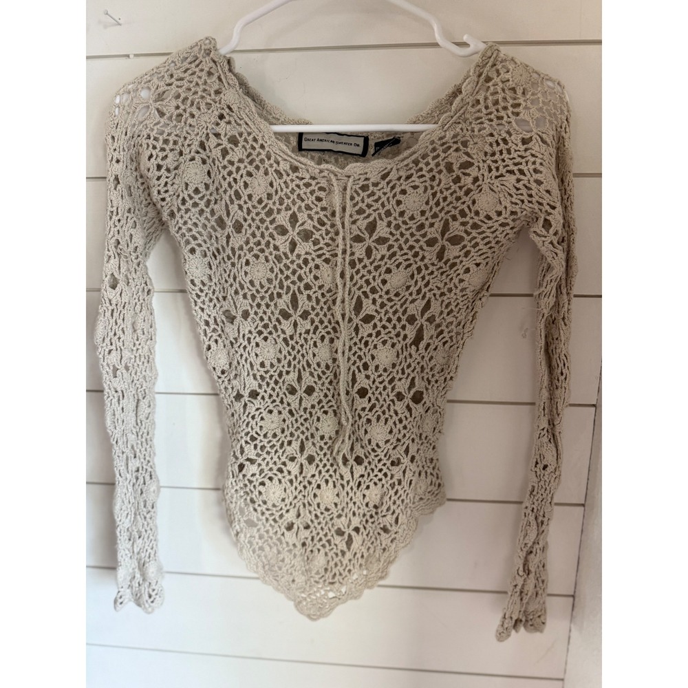 Great American Sweater Co Crochet Knit Long Sleeve‎ Top Beige M